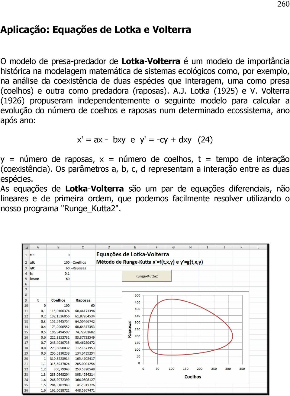 Volterra (1926) propuseram independentemente o seguinte modelo para calcular a evolução do número de coelhos e raposas num determinado ecossistema, ano após ano: x' = ax - bxy e y' = -cy + dxy (24) y