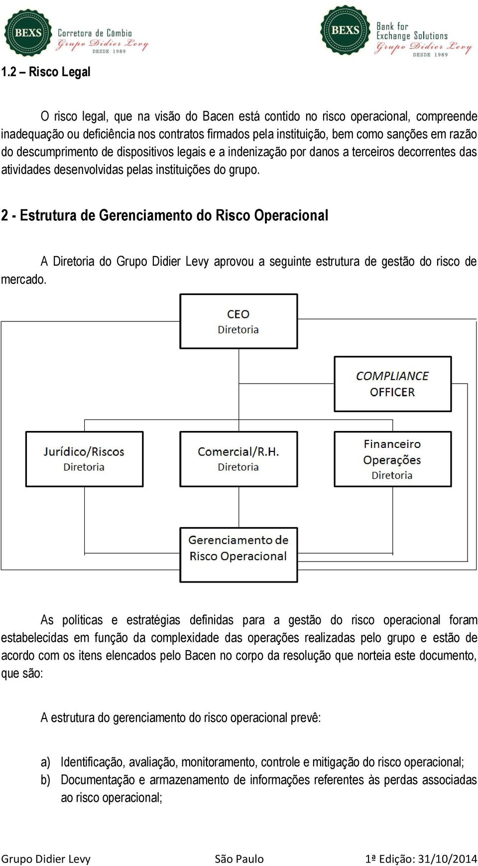 2 - Estrutura de Gerenciamento do Risco Operacional A Diretoria do Grupo Didier Levy aprovou a seguinte estrutura de gestão do risco de mercado.