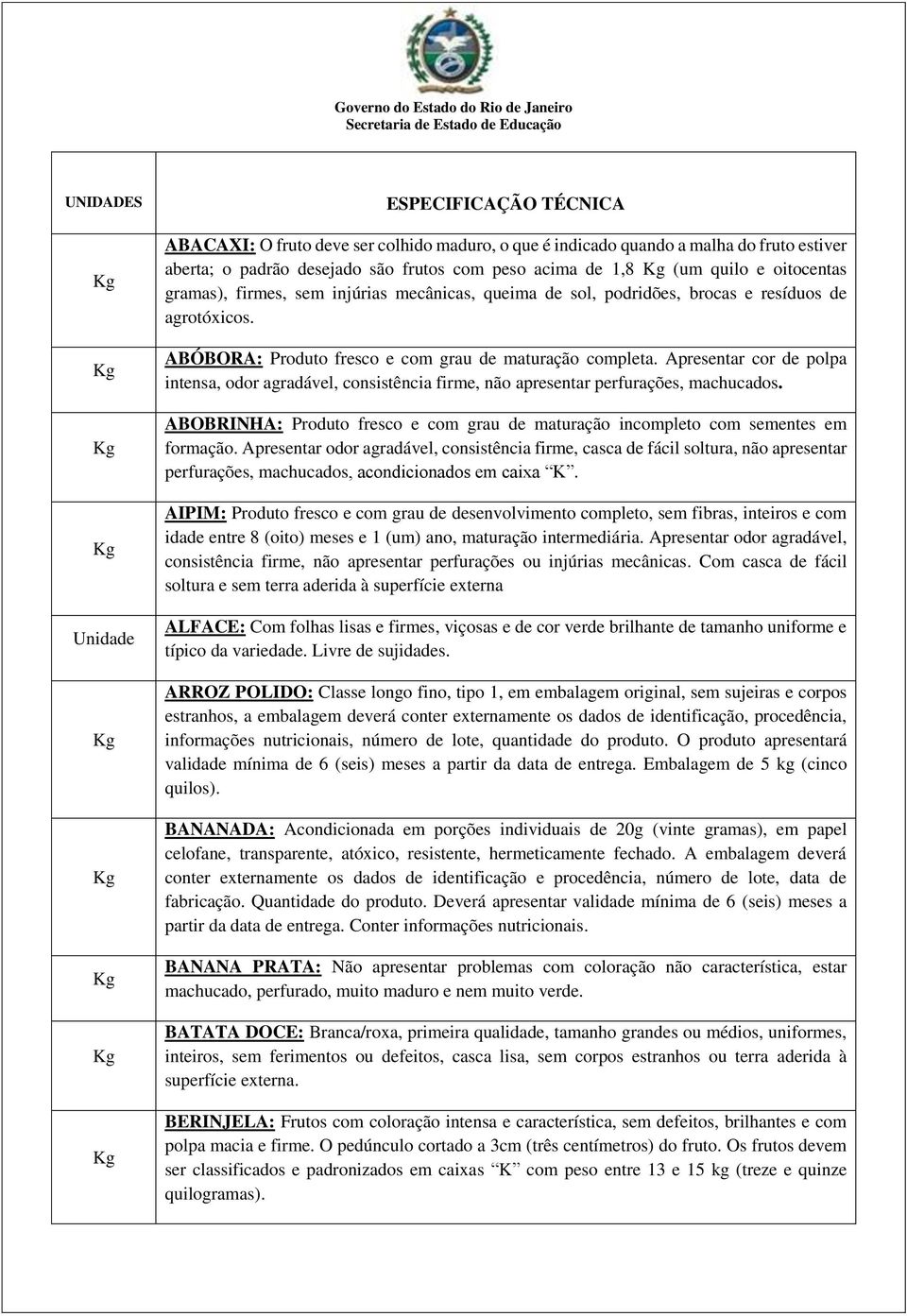 ABÓBORA: Produto fresco e com grau de maturação completa. Apresentar cor de polpa intensa, odor agradável, consistência firme, não apresentar perfurações, machucados.