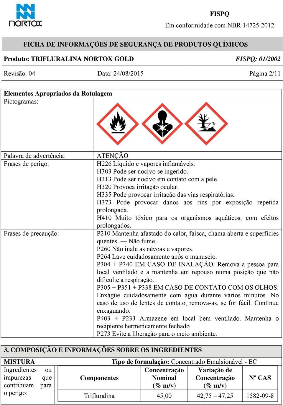 H373 Pode provocar danos aos rins por exposição repetida prolongada. H410 Muito tóxico para os organismos aquáticos, com efeitos prolongados.