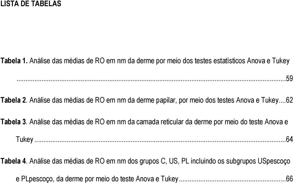 Análise das médias de RO em nm da camada reticular da derme por meio do teste Anova e Tukey...64 Tabela 4.