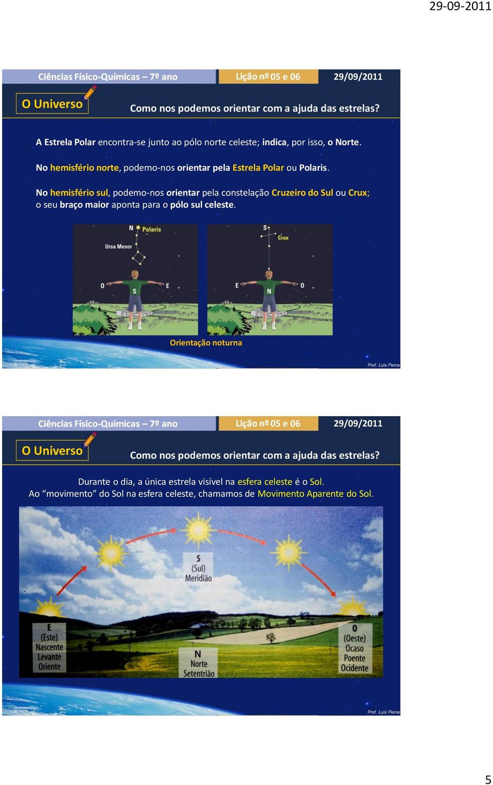 No hemisfério sul, podemo-nos orientar pela constelação Cruzeiro do Sul ou Crux; o seu braço maior aponta para o