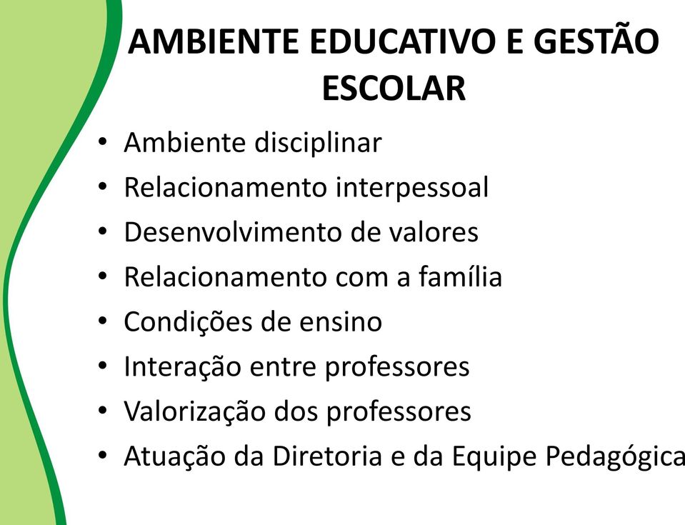 Relacionamento com a família Condições de ensino Interação entre