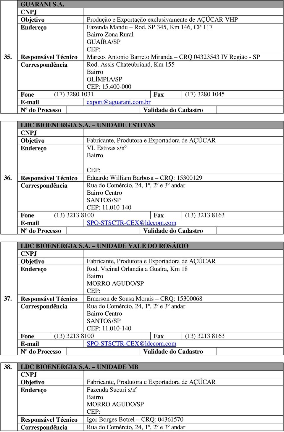 400-000 Fone (17) 3280 1031 Fax (17) 3280 1045 export@aguarani.com.br LDC BIOENERGIA S.A. UNIDADE ESTIVAS VL Estivas s/nº 36. 37. 38.