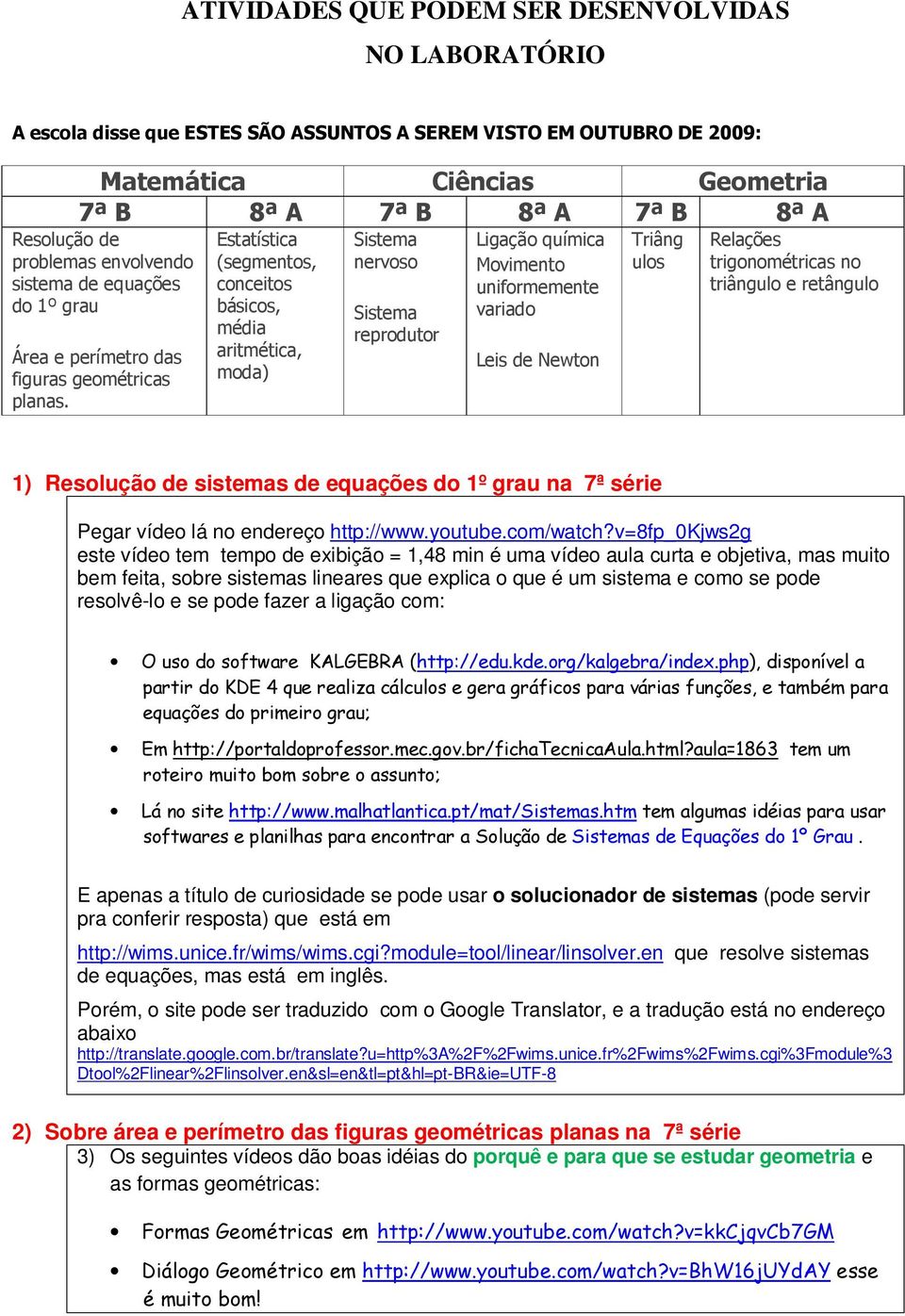 Estatística (segmentos, conceitos básicos, média aritmética, moda) Sistema nervoso Sistema reprodutor Ligação química Movimento uniformemente variado Leis de Newton Triâng ulos Relações