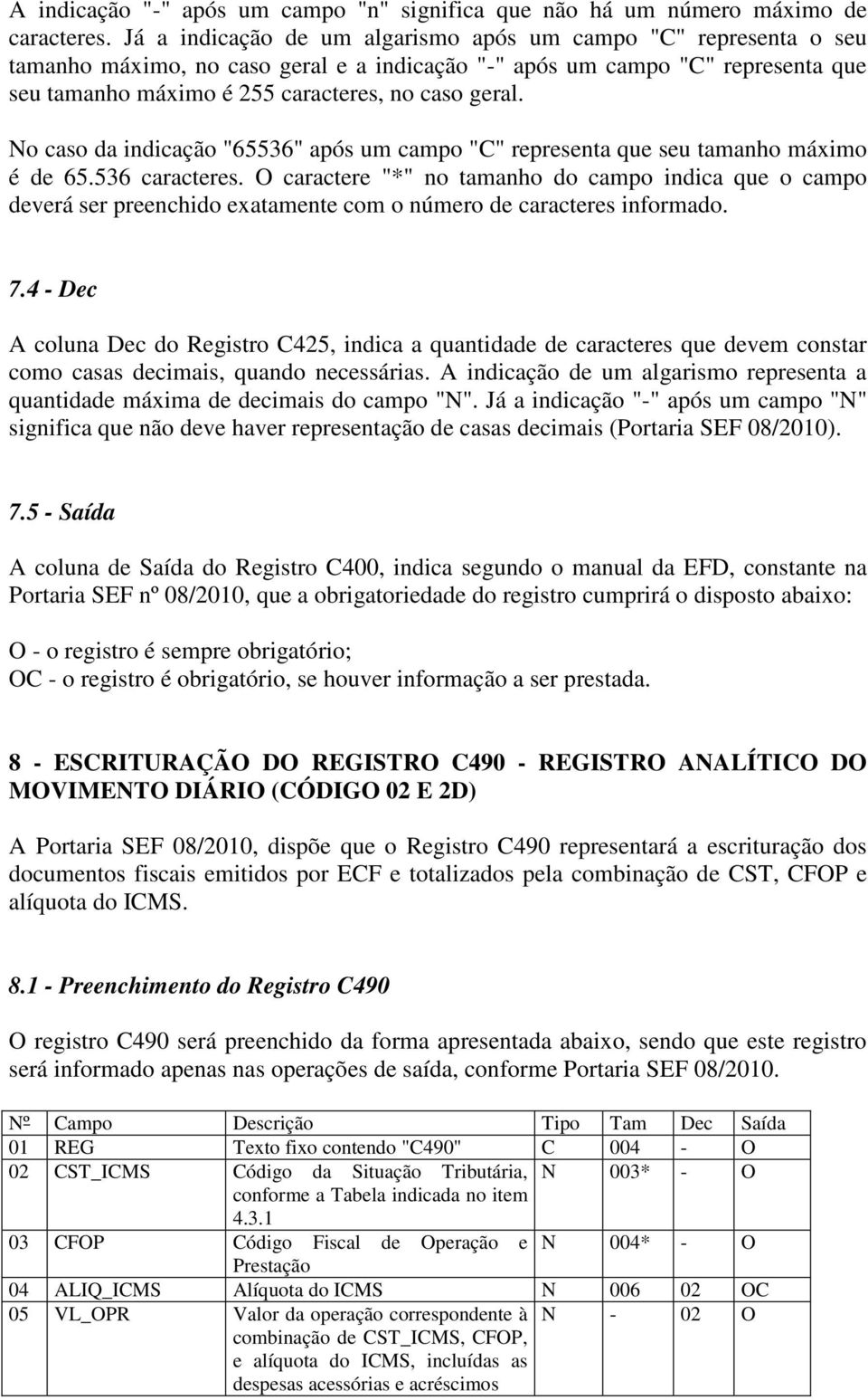 No caso da indicação "65536" após um campo "C" representa que seu tamanho máximo é de 65.536 caracteres.