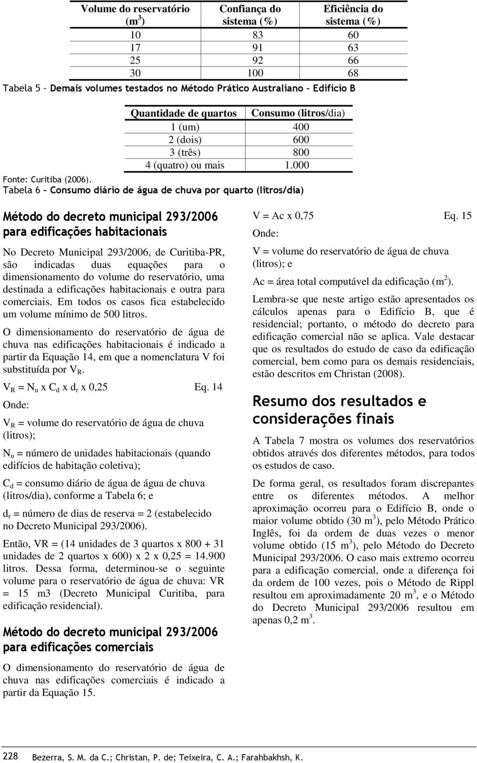 Tabela 6 Consumo diário de água de chuva por quarto (litros/dia) Método do decreto municipal 293/2006 para edificações habitacionais No Decreto Municipal 293/2006, de Curitiba-PR, são indicadas duas