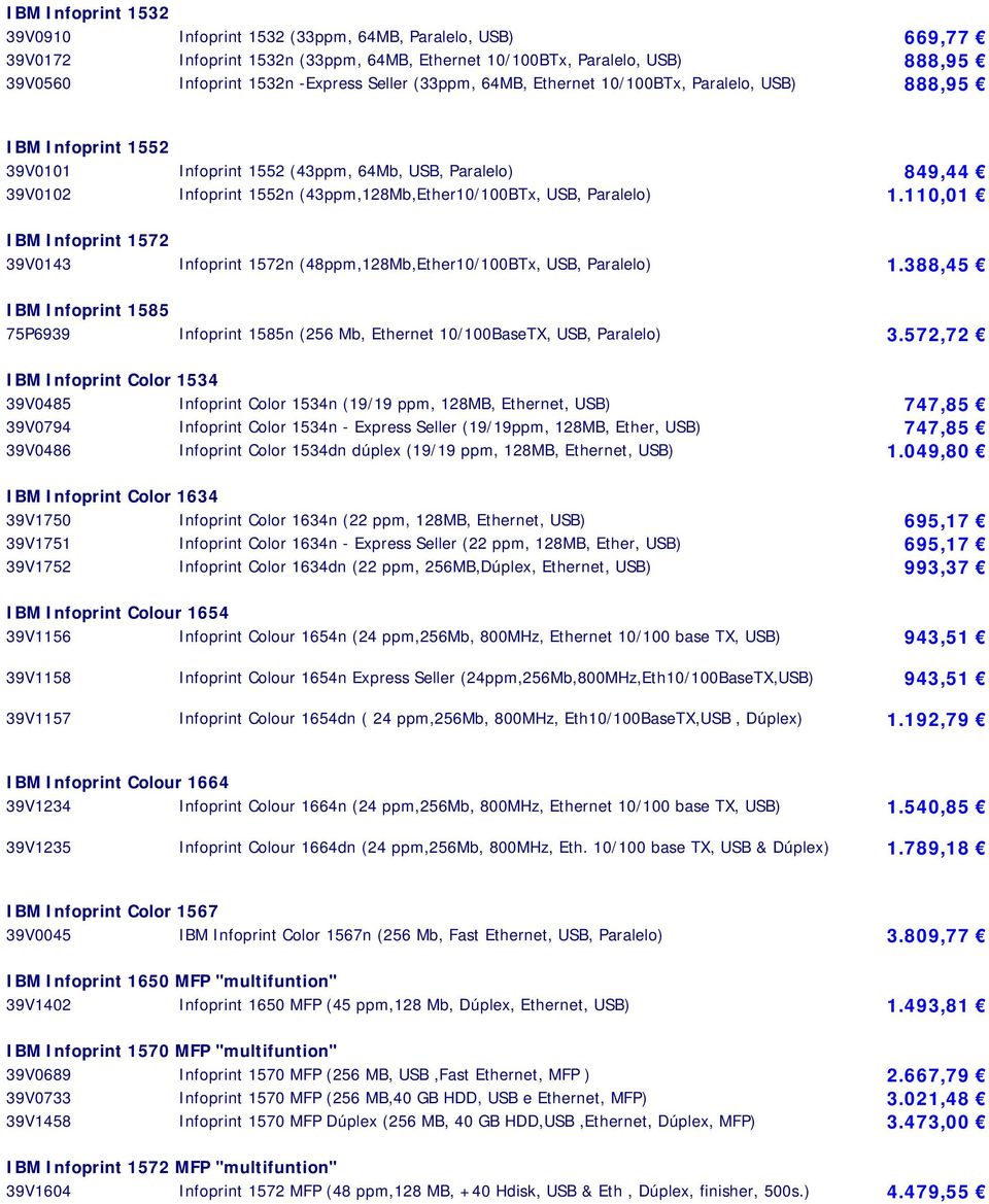 Paralelo) 1.110,01 IBM Infoprint 1572 39V0143 Infoprint 1572n (48ppm,128Mb,Ether10/100BTx, USB, Paralelo) 1.