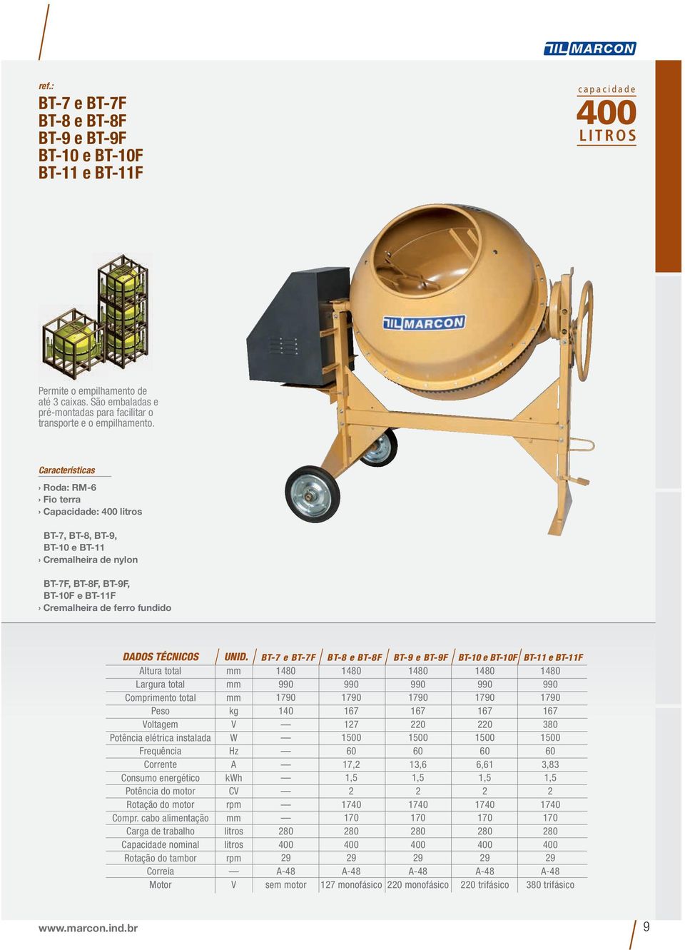 Roda: RM-6 Fio terra Capacidade: 400 litros BT-7, BT-8, BT-9, BT-10 e BT-11 Cremalheira de nylon BT-7F, BT-8F, BT-9F, BT-10F e BT-11F Cremalheira de ferro fundido DADOS TÉCNICOS UNID.