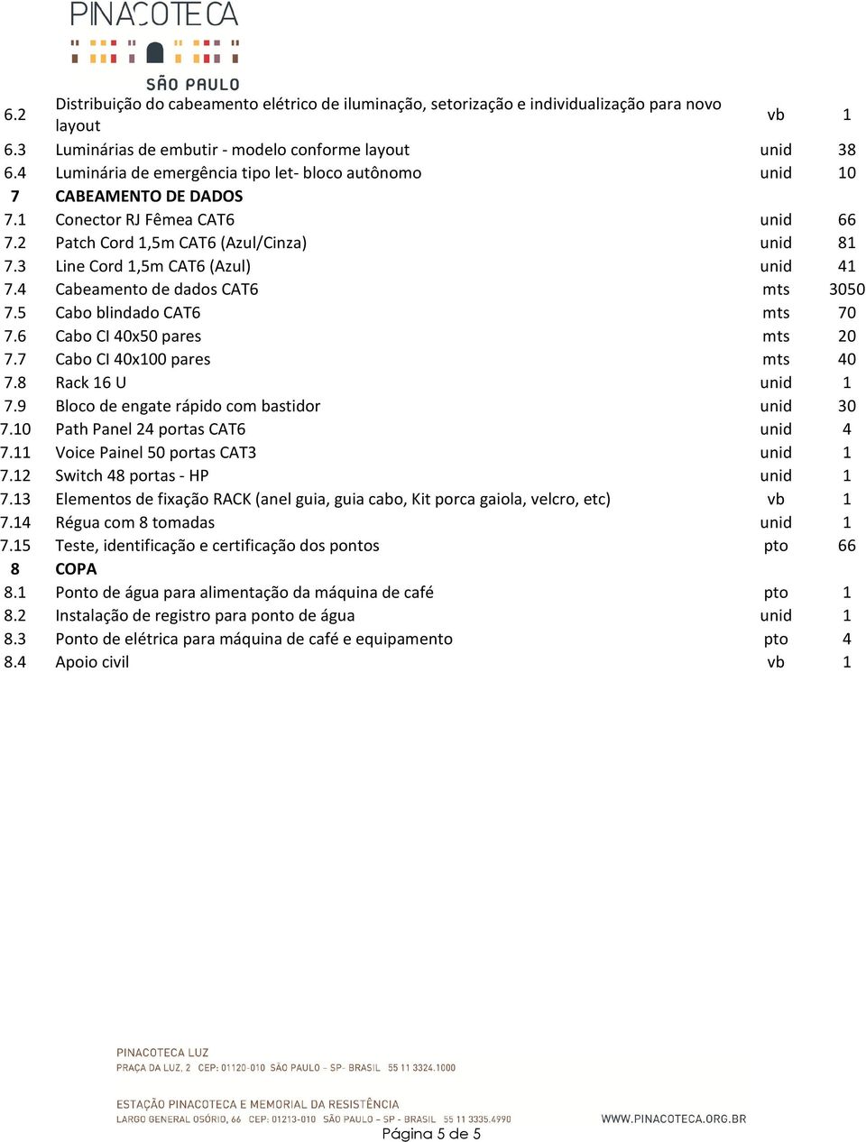 3 Line Cord 1,5m CAT6 (Azul) unid 41 7.4 Cabeamento de dados CAT6 mts 3050 7.5 Cabo blindado CAT6 mts 70 7.6 Cabo CI 40x50 pares mts 20 7.7 Cabo CI 40x100 pares mts 40 7.8 Rack 16 U unid 1 7.
