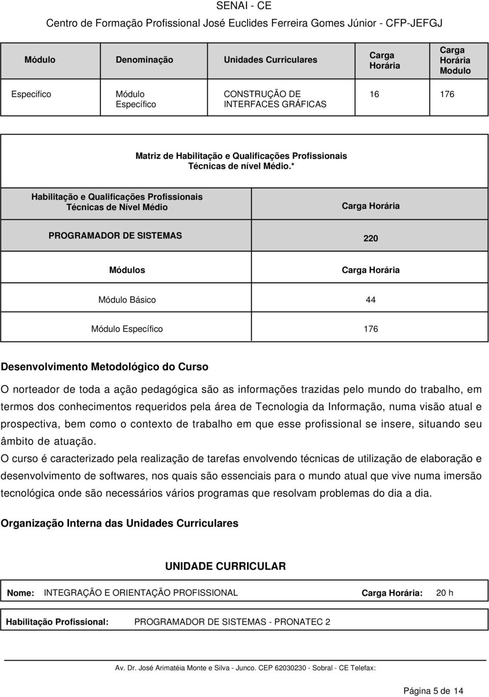 * Habilitação e Qualificações Profissionais Técnicas de Nível Médio Carga Horária PROGRAMADOR DE SISTEMAS 220 Módulos Carga Horária Módulo Básico 44 Módulo Específico 176 Desenvolvimento Metodológico