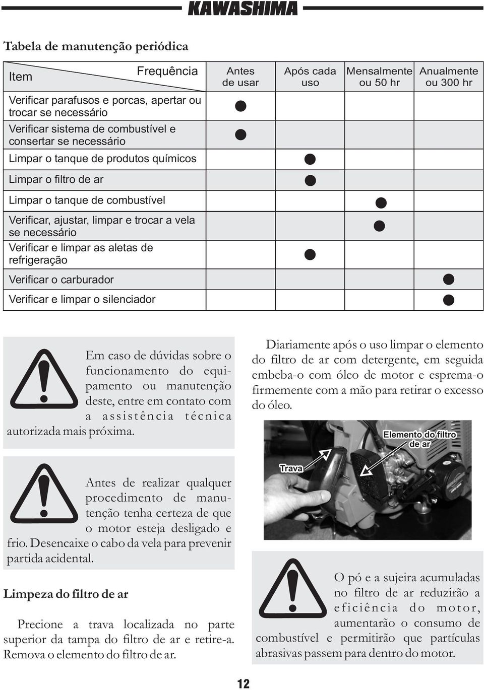 limpar as aletas de refrigeração Verificar o carburador Verificar e limpar o silenciador Em caso de dúvidas sobre o funcionamento do equipamento ou manutenção deste, entre em contato com a a s s i s