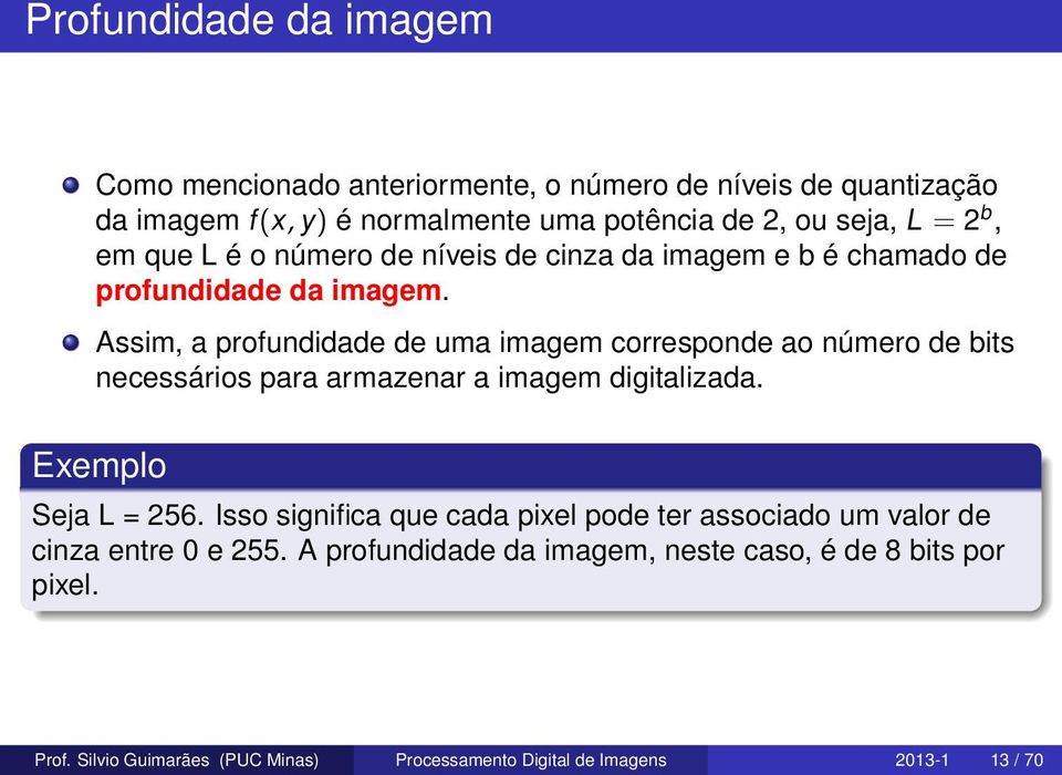 Assim, a profundidade de uma imagem corresponde ao número de bits necessários para armazenar a imagem digitalizada. Exemplo Seja L = 256.