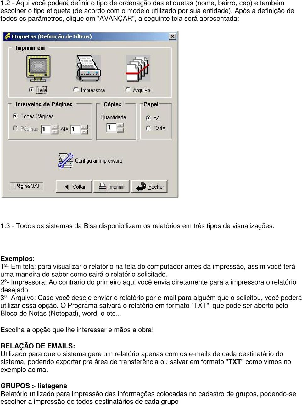3 - Todos os sistemas da Bisa disponibilizam os relatórios em três tipos de visualizações: Exemplos: 1º- Em tela: para visualizar o relatório na tela do computador antes da impressão, assim você terá