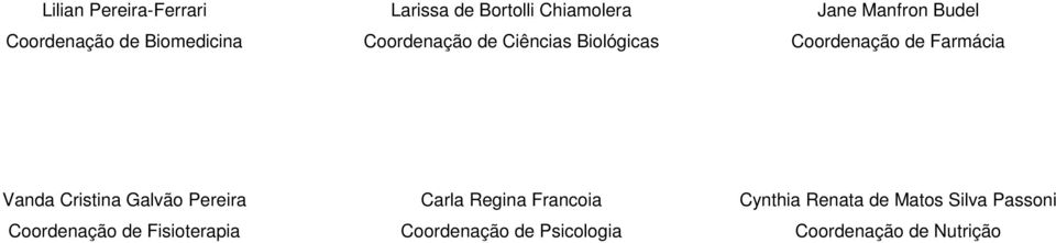 Vanda Cristina Galvão Pereira Coordenação de Fisioterapia Carla Regina Francoia