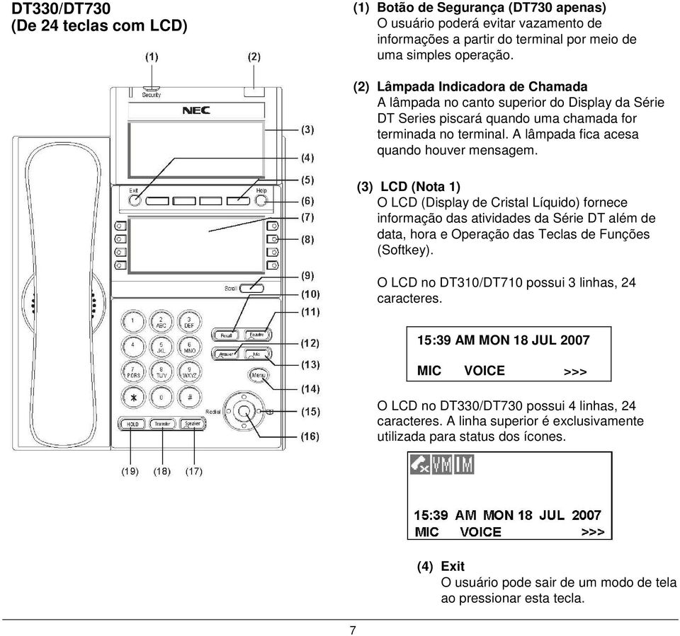 (3) LCD (Nota 1) O LCD (Display de Cristal Líquido) fornece informação das atividades da Série DT além de data, hora e Operação das Teclas de Funções (Softkey).