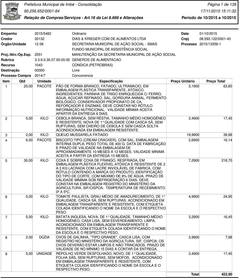 122/0001-40 SECRETARIA MUNICIPAL DE AÇÃO SOCIAL - SMAS Processo 2015/13359-1 1 20,00 PACOTE PÃO DE FORMA BRANCO, FATIADO, ULTRAMACIO, EM 3,1900 63,80 EMBALAGEM PLÁSTICA TRANSPARENTE, ATÓXICO.