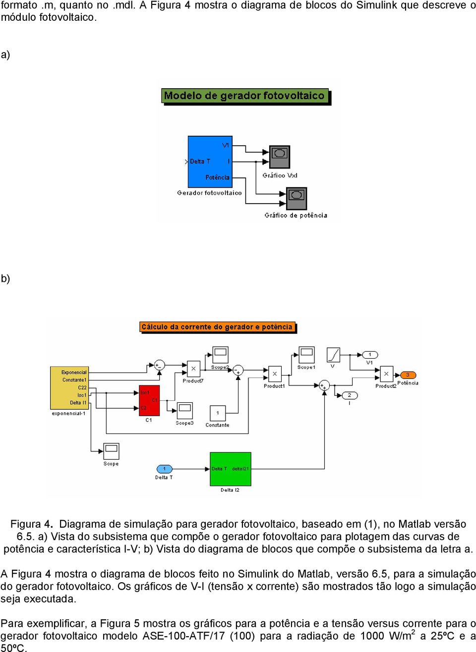 a) Vista do subsistema que compõe o gerador fotovoltaico para plotagem das curvas de potência e característica I-V; b) Vista do diagrama de blocos que compõe o subsistema da letra a.