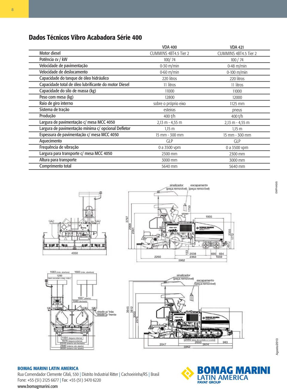 mínima c/ opcional Defletor Espessura de pavimentação c/ mesa MCC 4050 Aquecimento Frequência de vibração Largura para transporte c/ mesa MCC 4050 Altura para transporte Comprimento total VDA 400