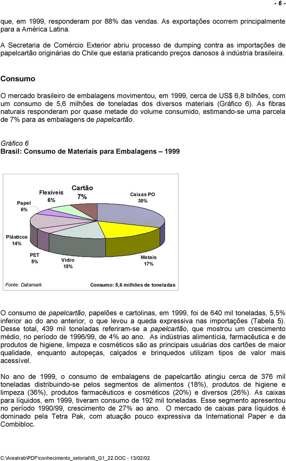 Consumo O mercado brasileiro de embalagens movimentou, em 1999, cerca de US$ 6,8 bilhões, com um consumo de 5,6 milhões de toneladas dos diversos materiais (Gráfico 6).