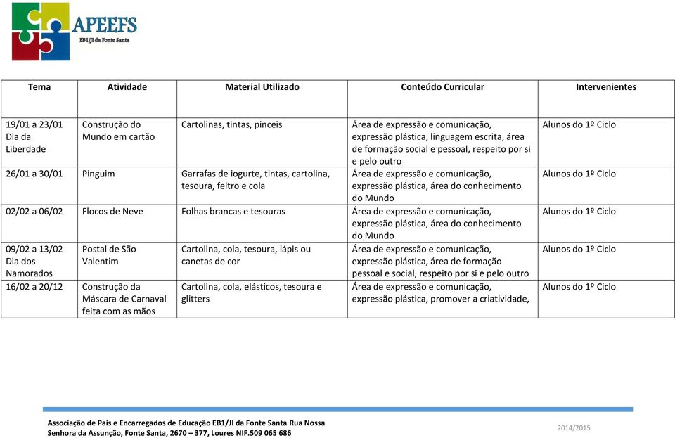 Mundo 09/02 a 13/02 Dia dos Namorados Postal de São Valentim 16/02 a 20/12 Construção da Máscara de Carnaval feita com as mãos Cartolina, cola, tesoura,