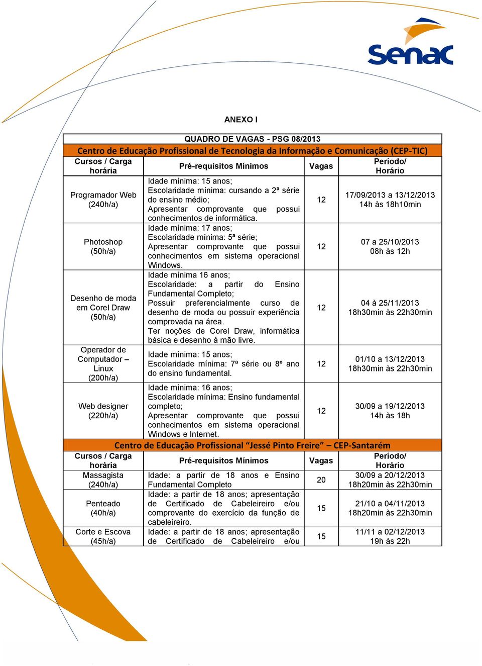 anos; Escolaridade mínima: cursando a 2ª série do ensino médio; Apresentar comprovante que possui conhecimentos de informática.