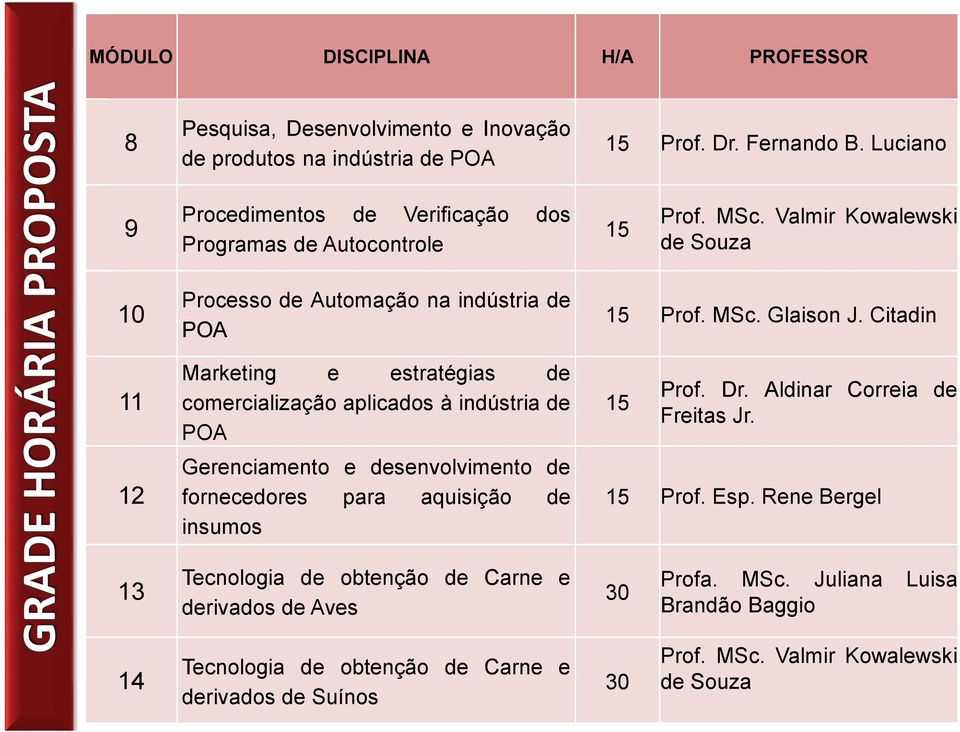 Valmir Kowalewski de Souza 10 11 12 Processo de Automação na indústria de POA Marketing e estratégias de comercialização aplicados à indústria de POA Gerenciamento e desenvolvimento de