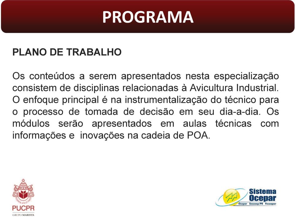 O enfoque principal é na instrumentalização do técnico para o processo de tomada de