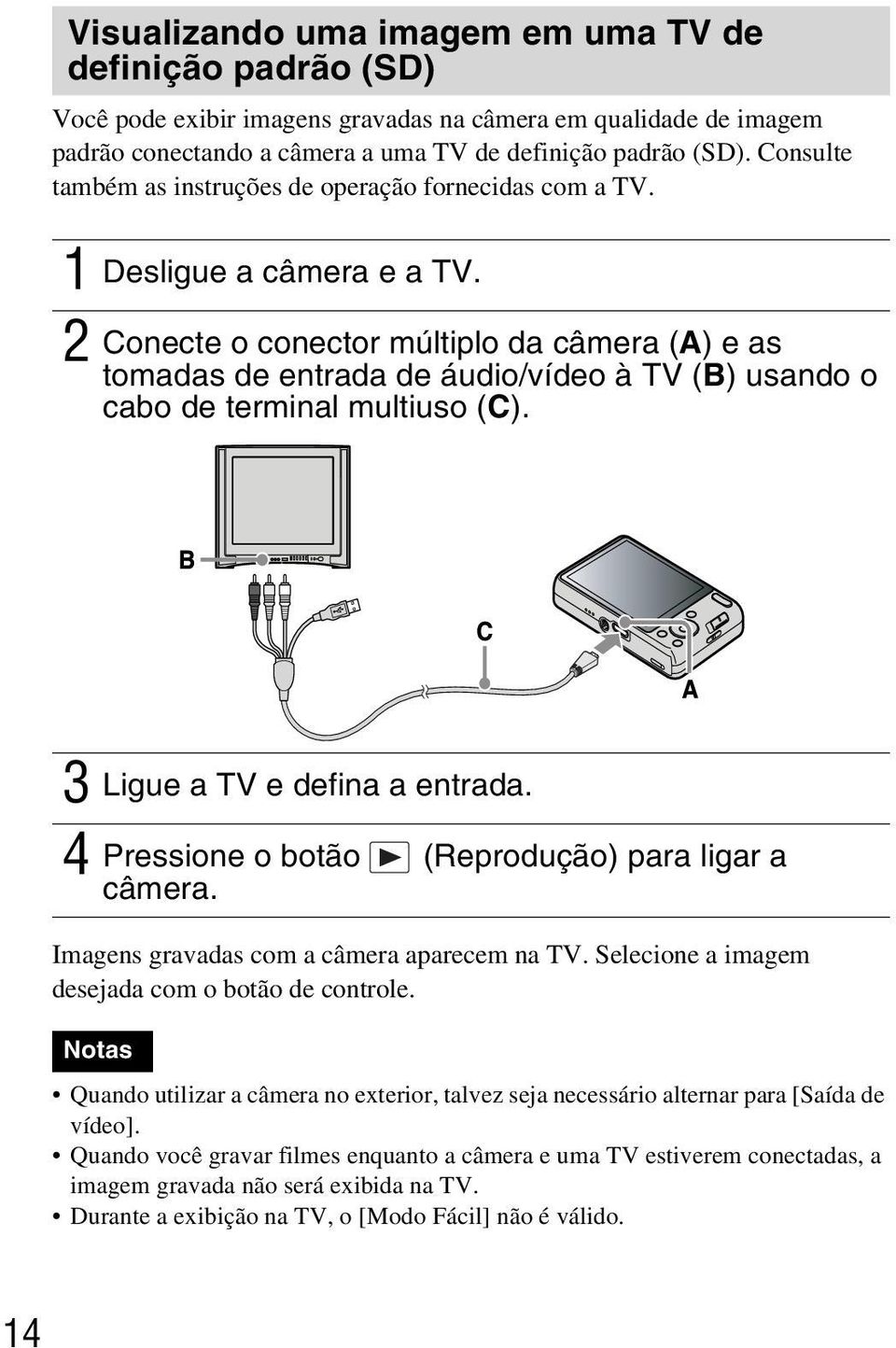 2 Conecte o conector múltiplo da câmera (A) e as tomadas de entrada de áudio/vídeo à TV (B) usando o cabo de terminal multiuso (C). 3 Ligue a TV e defina a entrada.