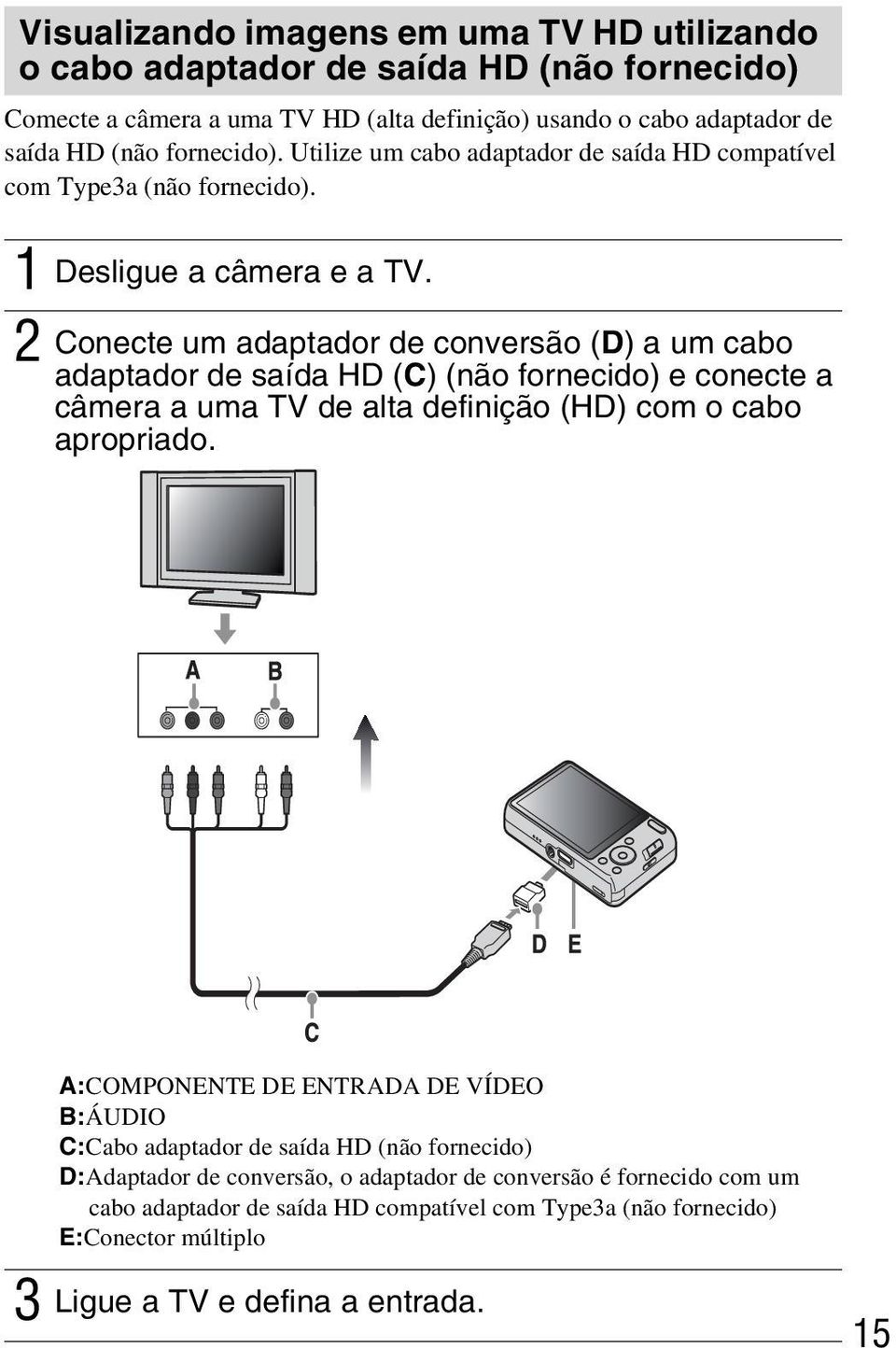 2 Conecte um adaptador de conversão (D) a um cabo adaptador de saída HD (C) (não fornecido) e conecte a câmera a uma TV de alta definição (HD) com o cabo apropriado.