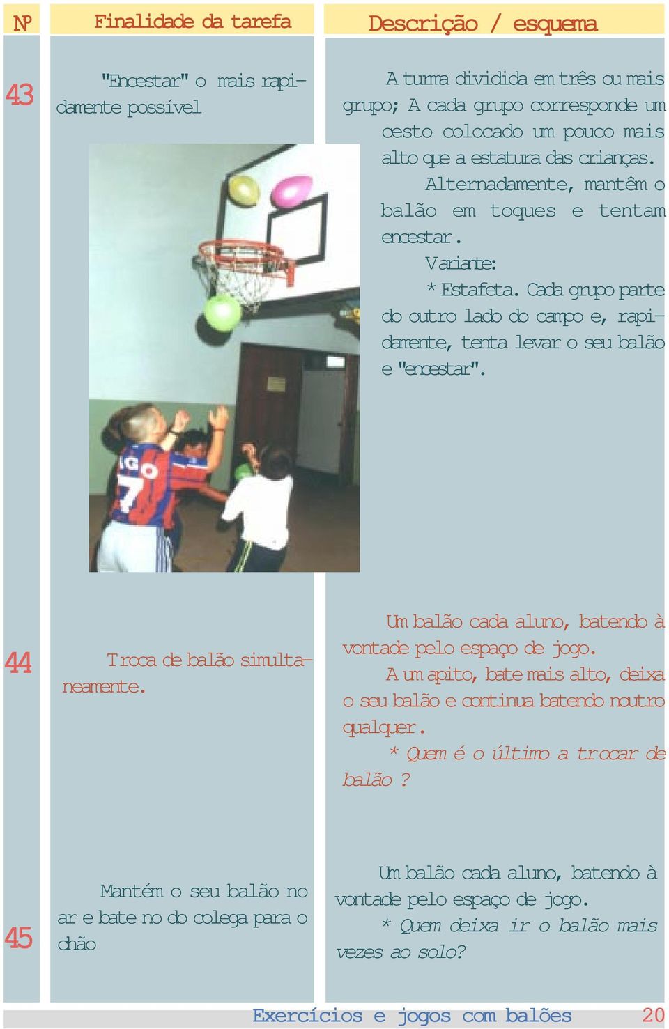 44 Troca de balão simultaneamente. Um balão cada aluno, batendo à vontade pelo espaço de jogo. A um apito, bate mais alto, deixa o seu balão e continua batendo noutro qualquer.