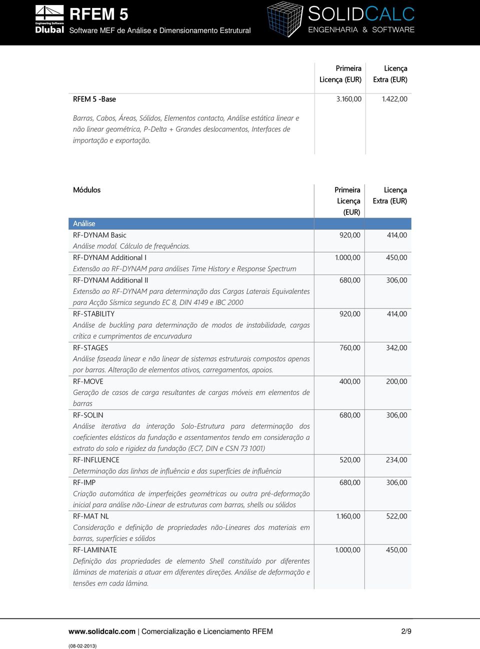 Módulos Análise RF-DYNAM Basic Análise modal. Cálculo de frequências.