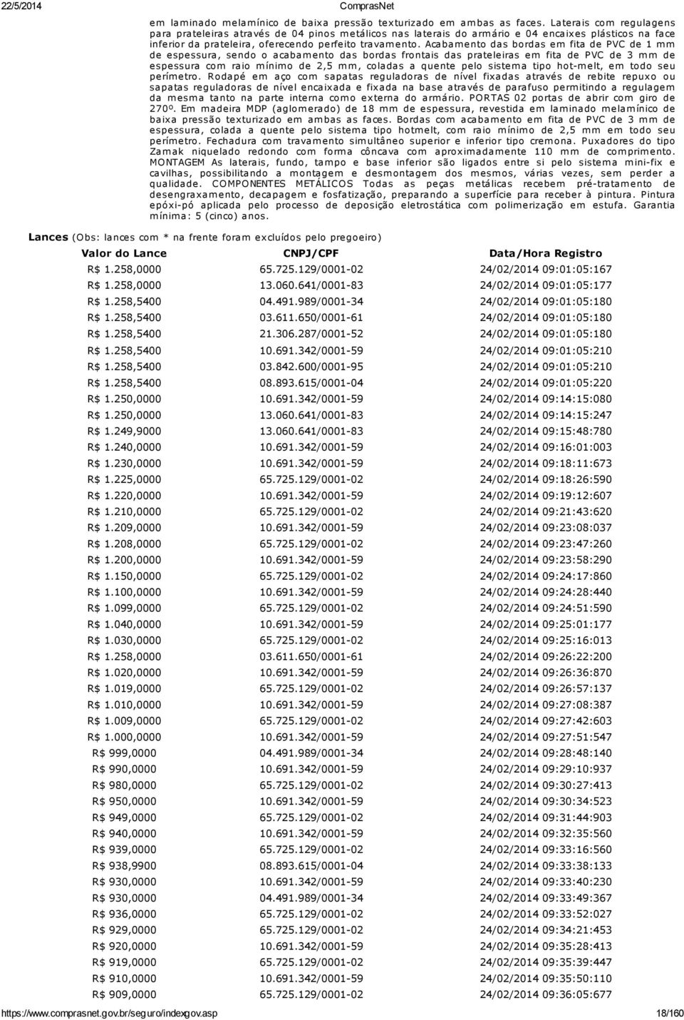 Acabamento das bordas em fita de PVC de 1 mm de espessura, sendo o acabam ento das bordas frontais das prateleiras em fita de PVC de 3 m m de espessura com raio m ínim o de 2,5 m m, coladas a quente