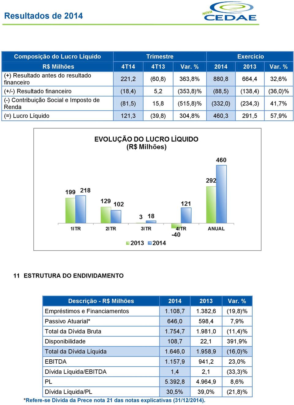 (81,5) 15,8 (515,8)% (332,0) (234,3) 41,7% (=) Lucro Líquido 121,3 (39,8) 304,8% 460,3 291,5 57,9% 11 ESTRUTURA DO ENDIVIDAMENTO Descrição - R$ Milhões 2014 2013 Var. % Empréstimos e Financiamentos 1.