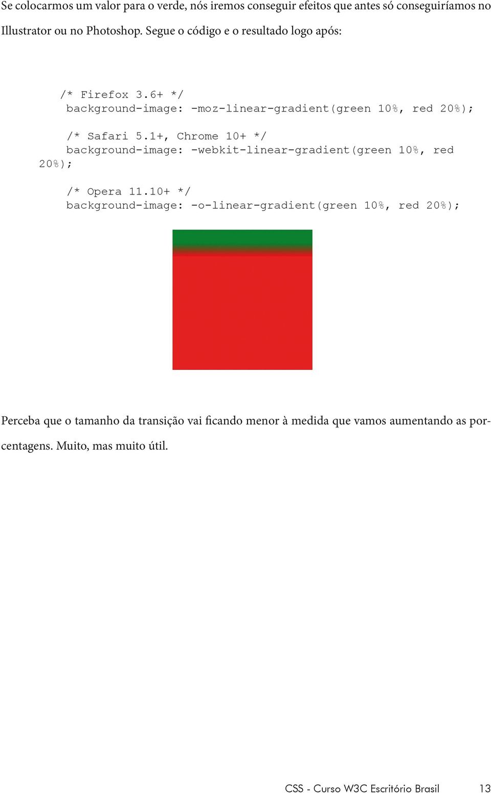 1+, Chrome 10+ */ background-image: -webkit-linear-gradient(green 10%, red 20%); /* Opera 11.