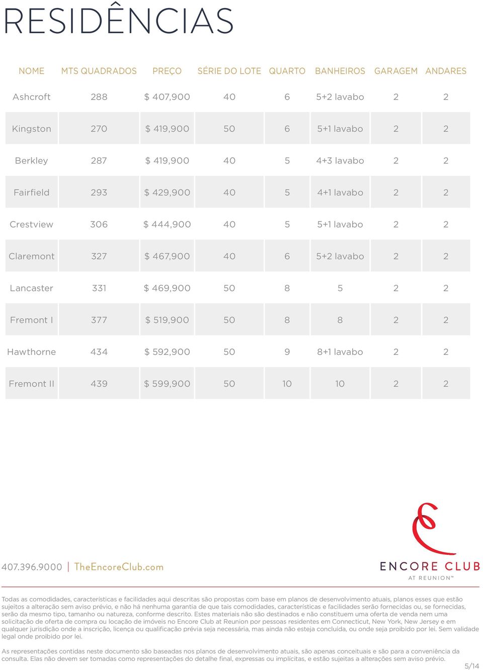 8 2 2 Hawthorne 434 $ 592,900 50 9 8+1 lavabo 2 2 Fremont II 439 $ 599,900 50 10 10 2 2 Todas as comodidades, características e facilidades aqui descritas são propostas com base em planos de