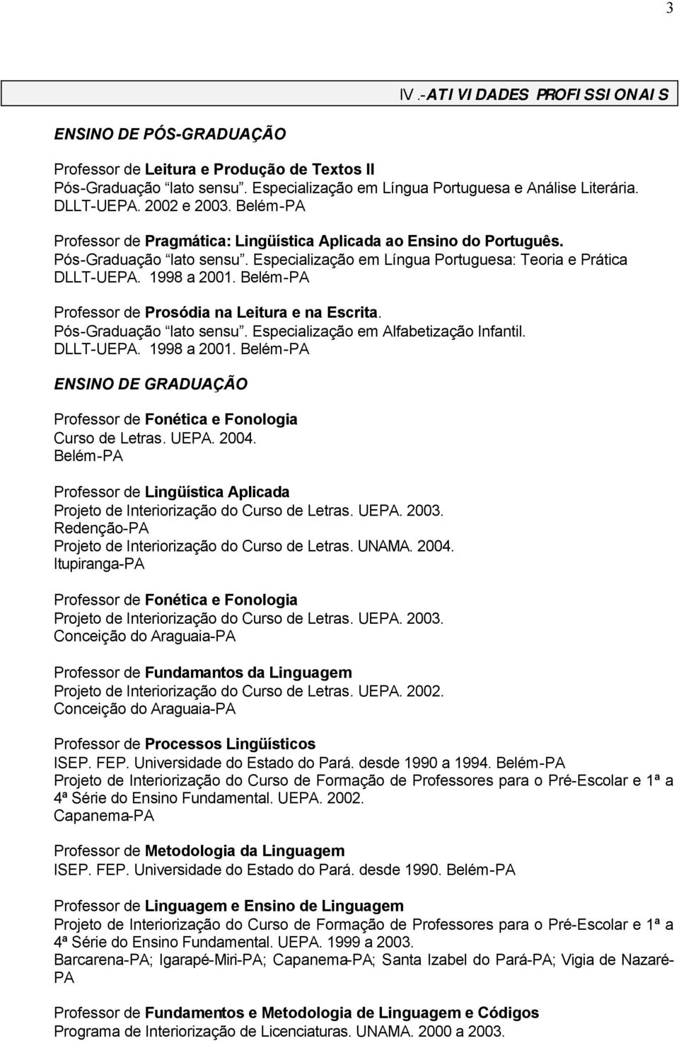 Professor de Prosódia na Leitura e na Escrita. Pós-Graduação lato sensu. Especialização em Alfabetização Infantil. DLLT-UEPA. 1998 a 2001.