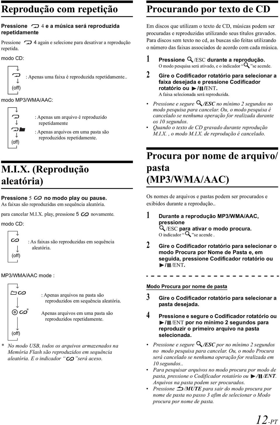 . modo MP3/WMA/AAC: : Apenas um arquivo é reproduzido repetidamente : Apenas arquivos em uma pasta são reproduzidos repetidamente. M.I.X. (Reprodução aleatória) Pressione 5 no modo play ou pause.