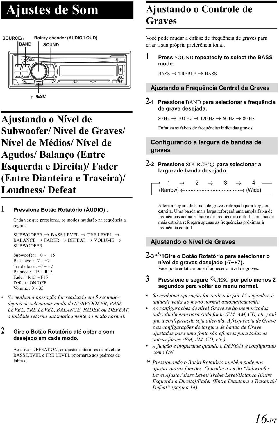 BASS TREBLE BASS Ajustando a Frequência Central de Graves /ESC Ajustando o Nível de Subwoofer/ Nível de Graves/ Nível de Médios/ Nível de Agudos/ Balanço (Entre Esquerda e Direita)/ Fader (Entre