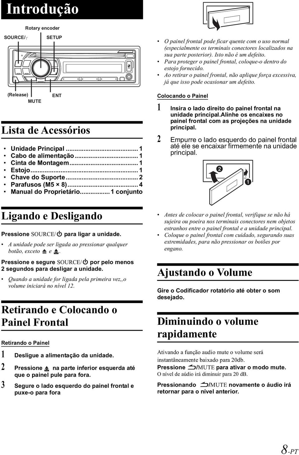 (Release) MUTE ENT Lista de Acessórios Unidade Principal... 1 Cabo de alimentação... 1 Cinta de Montagem... 1 Estojo... 1 Chave do Suporte... 2 Parafusos (M5 8)... 4 Manual do Proprietário.