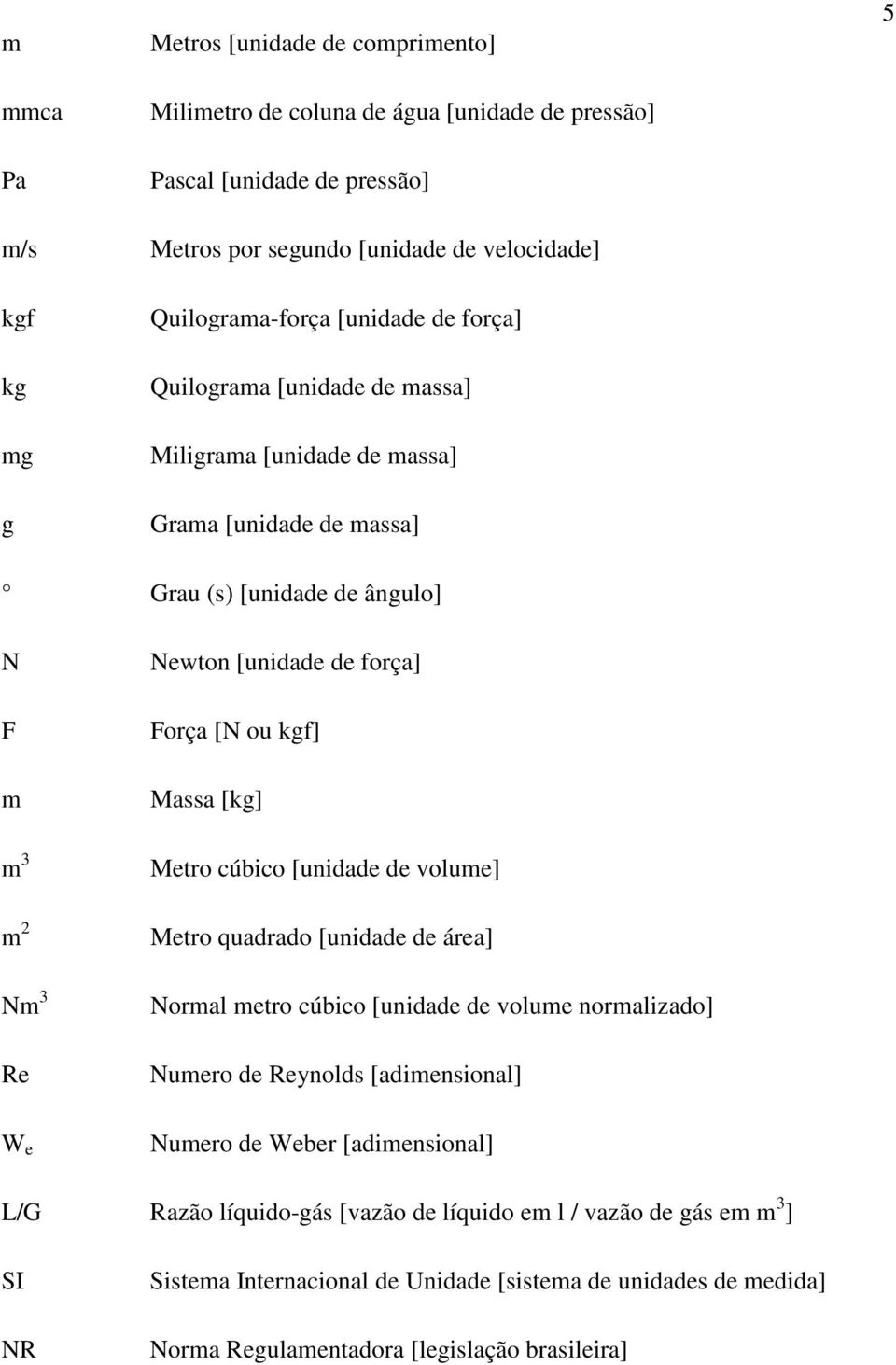 m 3 Metro cúbico [unidade de volume] m 2 Metro quadrado [unidade de área] Nm 3 Re Normal metro cúbico [unidade de volume normalizado] Numero de Reynolds [adimensional] W e Numero de Weber