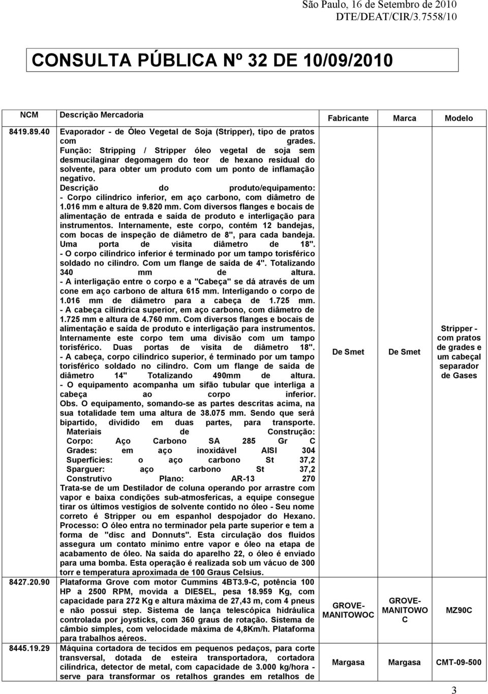 Descrição do produto/equipamento: - Corpo cilíndrico inferior, em aço carbono, com diâmetro de 1.016 mm e altura de 9.820 mm.