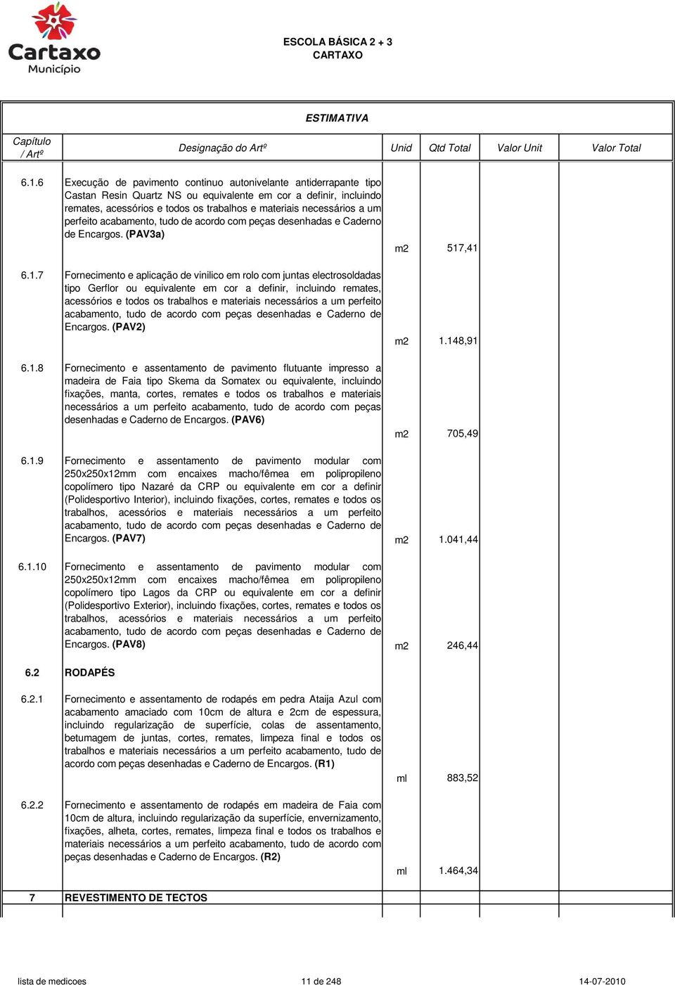 um perfeito acabamento, tudo de acordo com peças desenhadas e Caderno de Encargos. (PAV3a) 6.1.