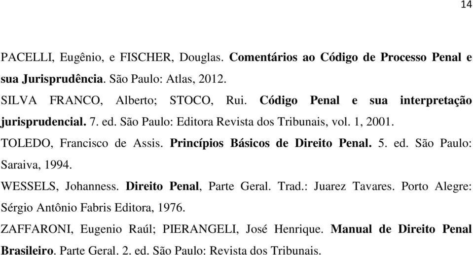 TOLEDO, Francisco de Assis. Princípios Básicos de Direito Penal. 5. ed. São Paulo: Saraiva, 1994. WESSELS, Johanness. Direito Penal, Parte Geral. Trad.