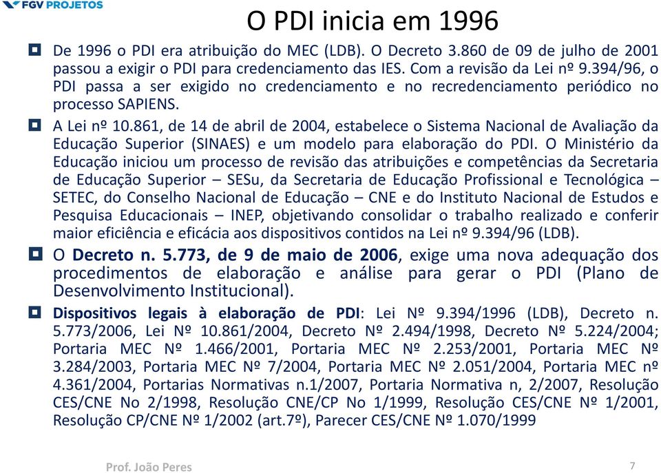 861, de 14 de abril de 2004, estabelece o Sistema Nacional de Avaliação da Educação Superior (SINAES) e um modelo para elaboração do PDI.