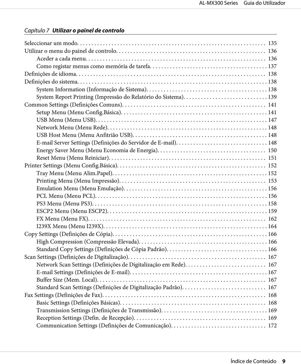 .. 139 Common Settings (Definições Comuns).... 141 Setup Menu (Menu Config.Básica).... 141 USB Menu (Menu USB)... 147 Network Menu (Menu Rede)... 148 USB Host Menu (Menu Anfitrião USB).