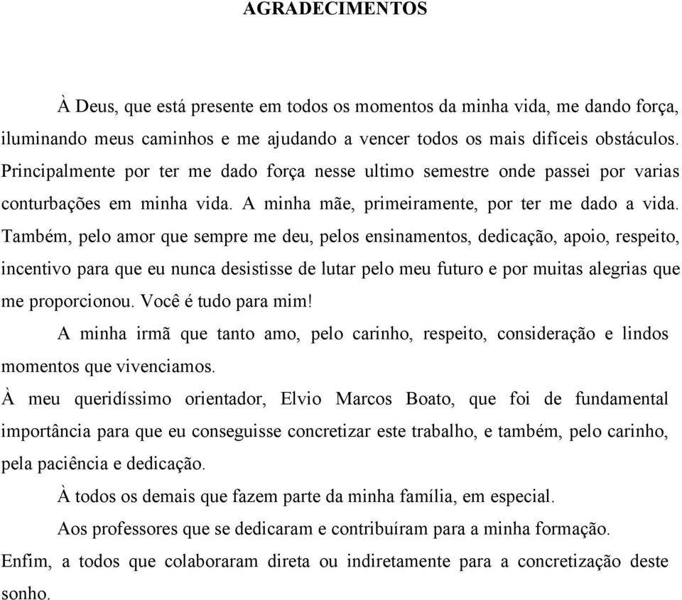 Também, pelo amor que sempre me deu, pelos ensinamentos, dedicação, apoio, respeito, incentivo para que eu nunca desistisse de lutar pelo meu futuro e por muitas alegrias que me proporcionou.