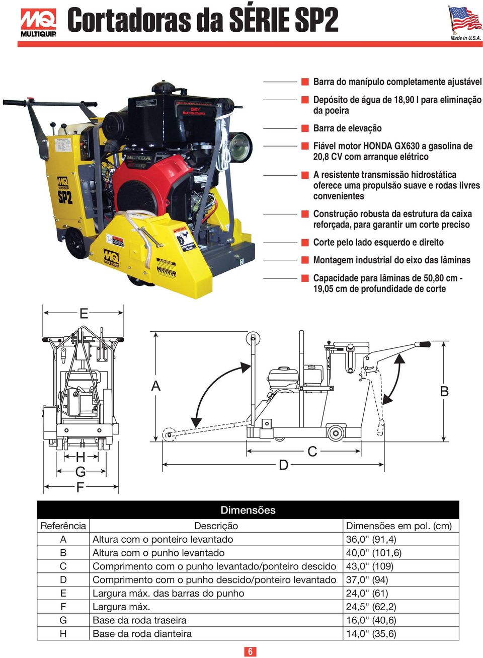 lado esquerdo e direito Montagem industrial do eixo das lâminas Capacidade para lâminas de 50,80 cm - 19,05 cm de profundidade de corte Dimensões Referência Descrição Dimensões em pol.