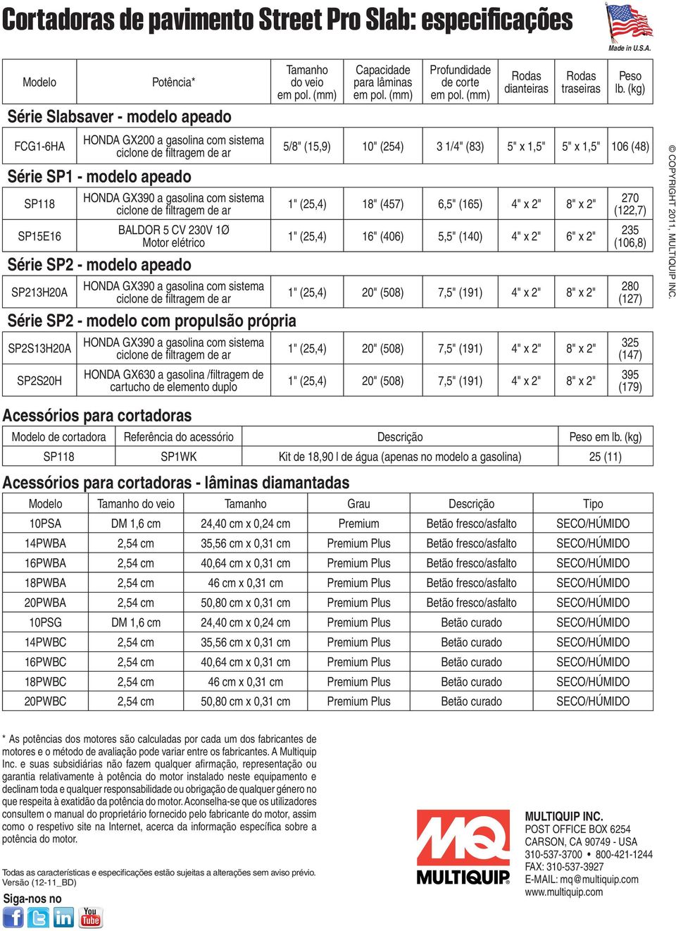 (kg) Série Slabsaver - modelo apeado FCG1-6HA HONDA GX200 a gasolina com sistema ciclone de filtragem de ar Série SP1 - modelo apeado SP118 SP15E16 HONDA GX390 a gasolina com sistema ciclone de