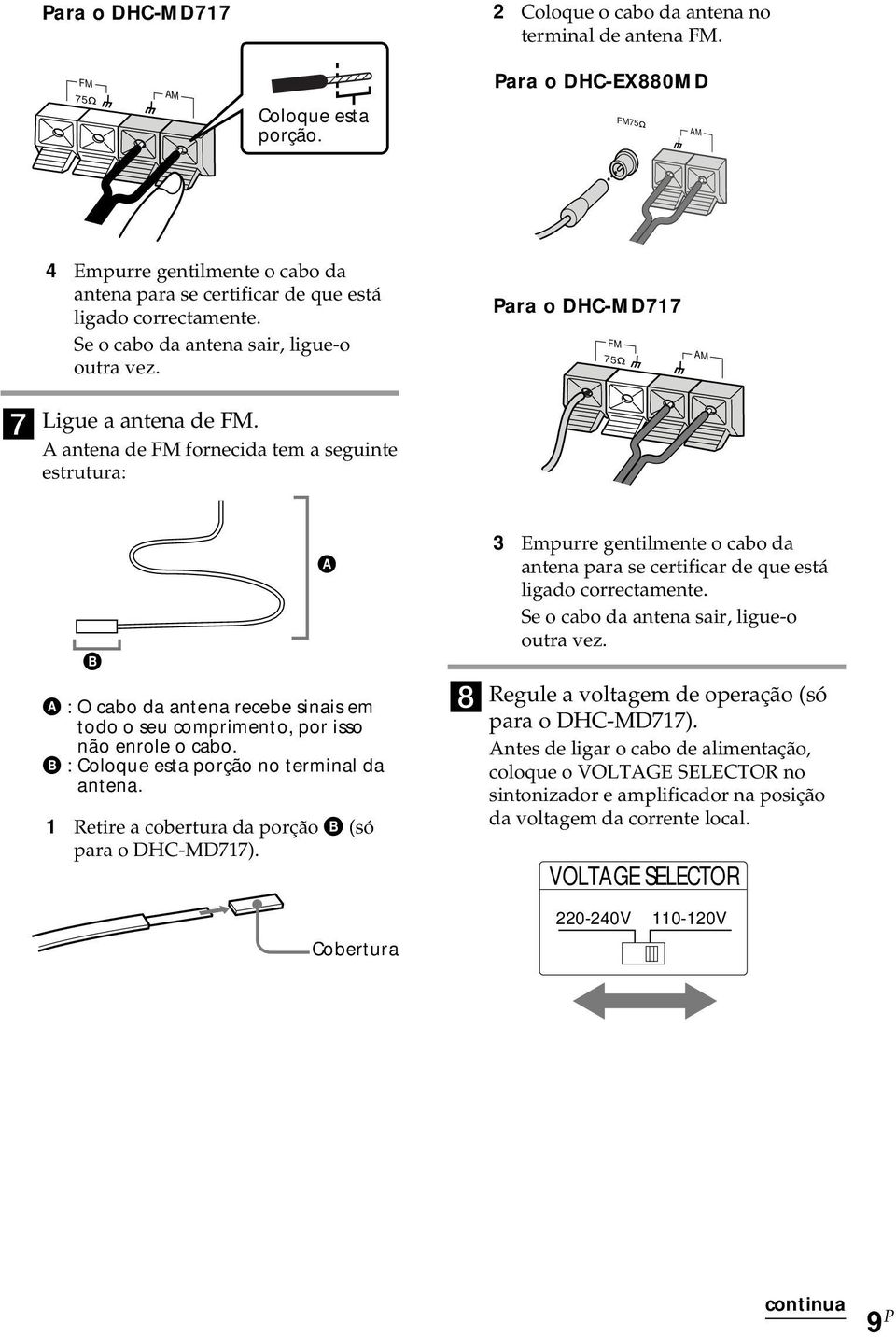 Para o DHC-MD717 FM 75 AM 7 Ligue a atea de FM. A atea de FM forecida tem a seguite estrutura: B A A : O cabo da atea recebe siais em todo o seu comrimeto, or isso ão erole o cabo.